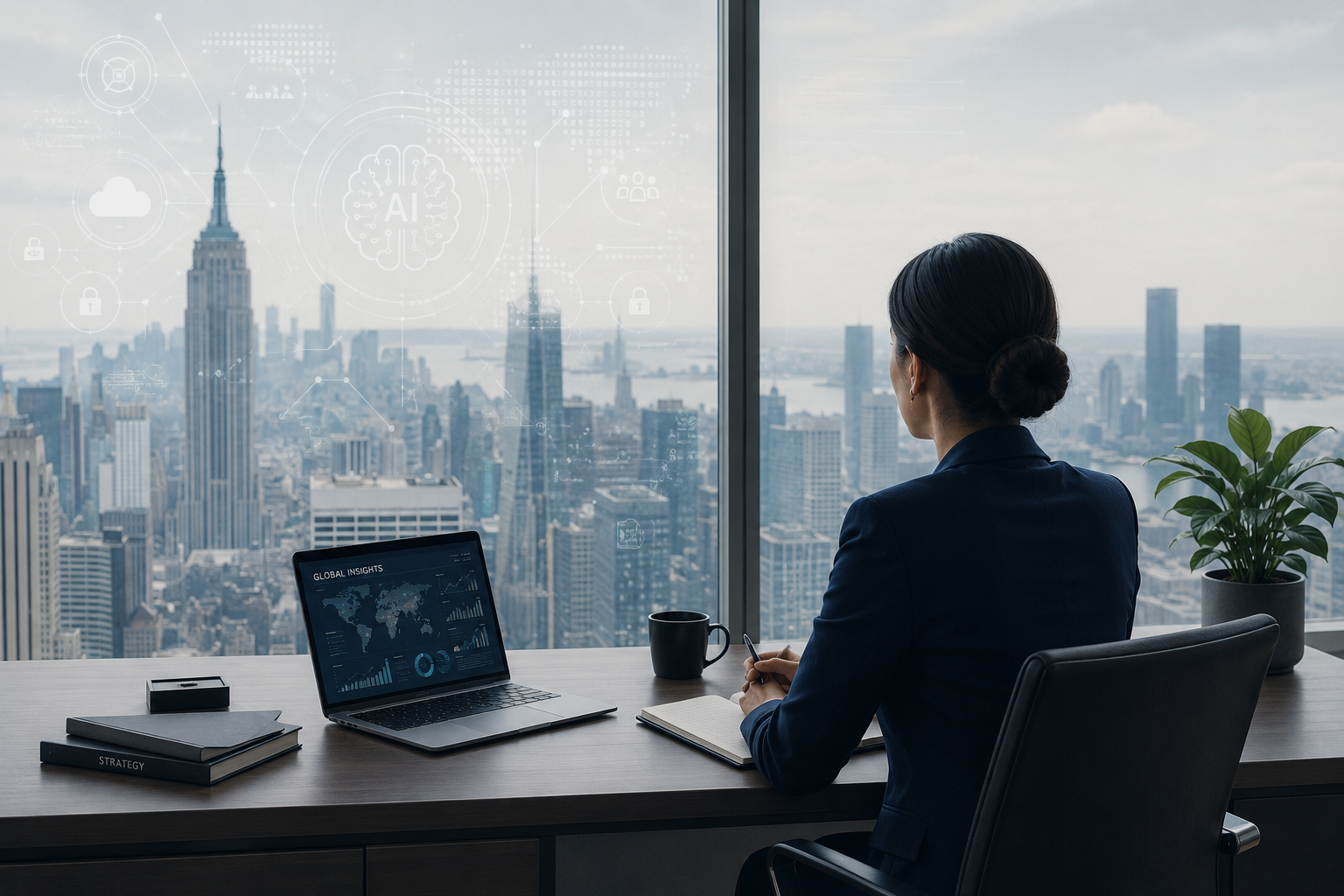 Focused professional in high-rise office